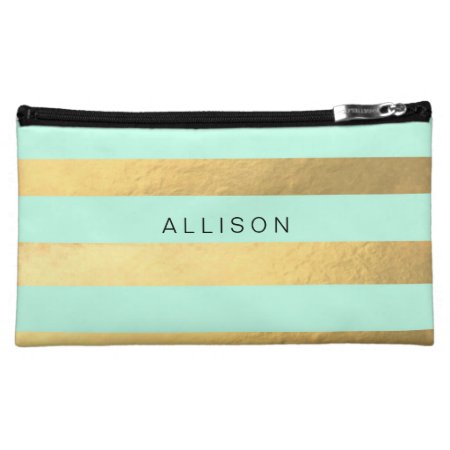 Mint And Gold Stripe Personalized Cosmetic Bag