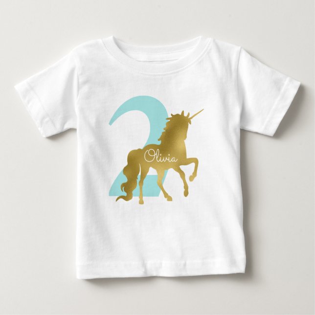 Mint and Gold Unicorn Milestone Birthday Baby T-Shirt (Front)