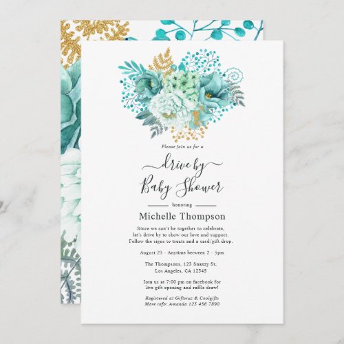 Mint and Gold Watercolor Floral Drive By Shower Invitation