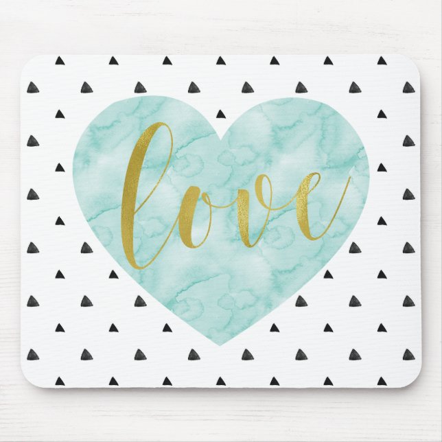 Mint and Gold Watercolor "Love" Mouse Pad (Front)