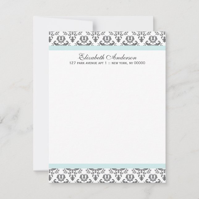 Mint and Gray Damask Flat Thank You Notes Invitation (Front)
