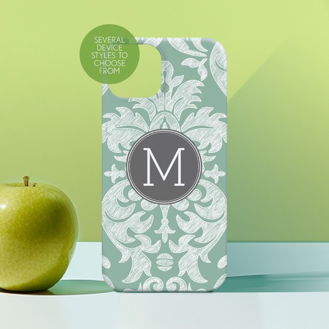 Mint and Gray Damask Pattern Custom Monogram Case-Mate iPhone Case (Personalized Phone Case with Custom Photos Text - Choose a Device Style)