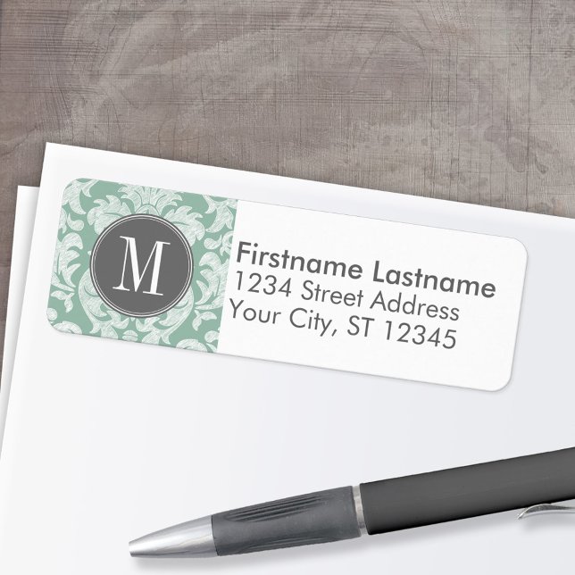 Mint and Gray Damask Pattern Custom Monogram Label (Custom Return Address Labels - Low Minimum)