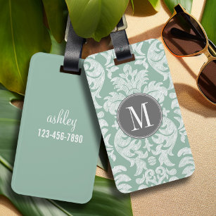 Mint and Gray Damask Pattern Custom Monogram Luggage Tag