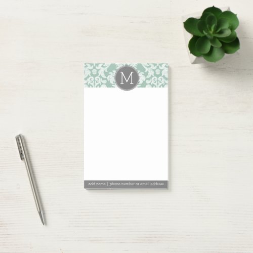 Mint and Gray Damask Pattern Custom Monogram Post_it Notes