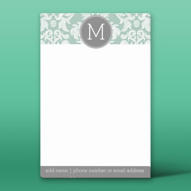 Mint and Gray Damask Pattern Custom Monogram Post-it Notes (Custom Post-It Notes)