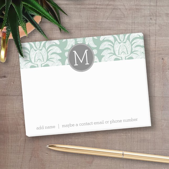 Mint and Gray Damask Pattern Custom Monogram Post-it Notes (Personalized post-it notes - add your name and other text)