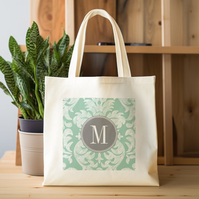 Mint and Gray Damask Pattern Custom Monogram Tote Bag (Personalized tote bag with chevrons and monogram)