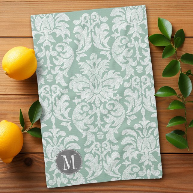 Mint and Gray Damask Pattern Custom Monogram Towel (Shabby chic lace damask pattern with a monogram kitchen towel)