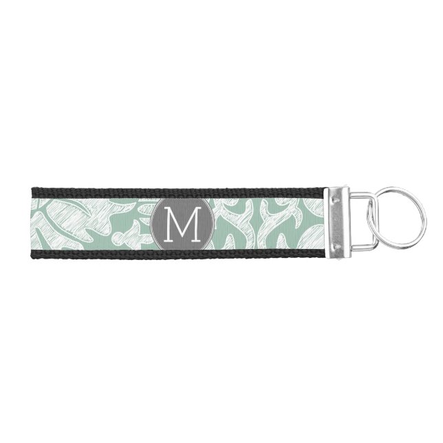 Mint and Gray Damask Pattern Custom Monogram Wrist Keychain (Keys on Right)