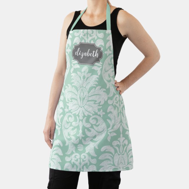 Mint and Gray Damask Pattern Custom Name Apron (Insitu)