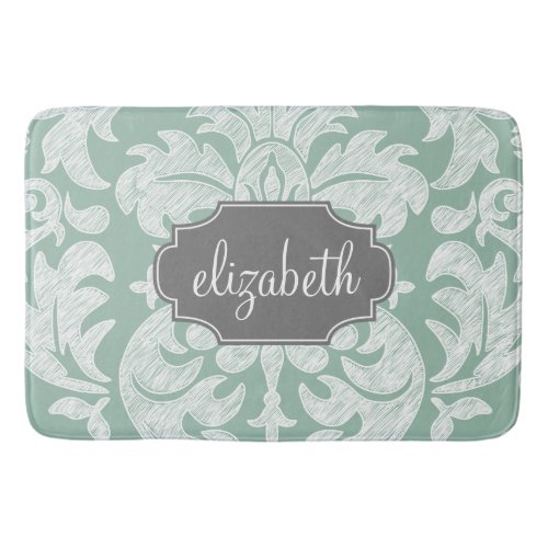 Mint and Gray Damask Pattern Custom Name Bath Mat