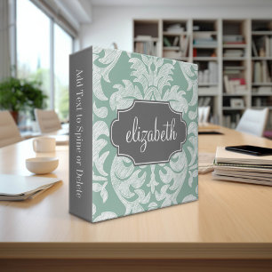Mint and Gray Damask Pattern Custom Name Binder