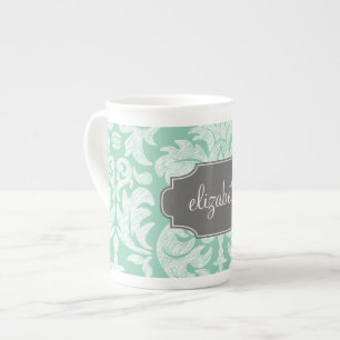 Mint and Gray Damask Pattern Custom Name Bone China Mug