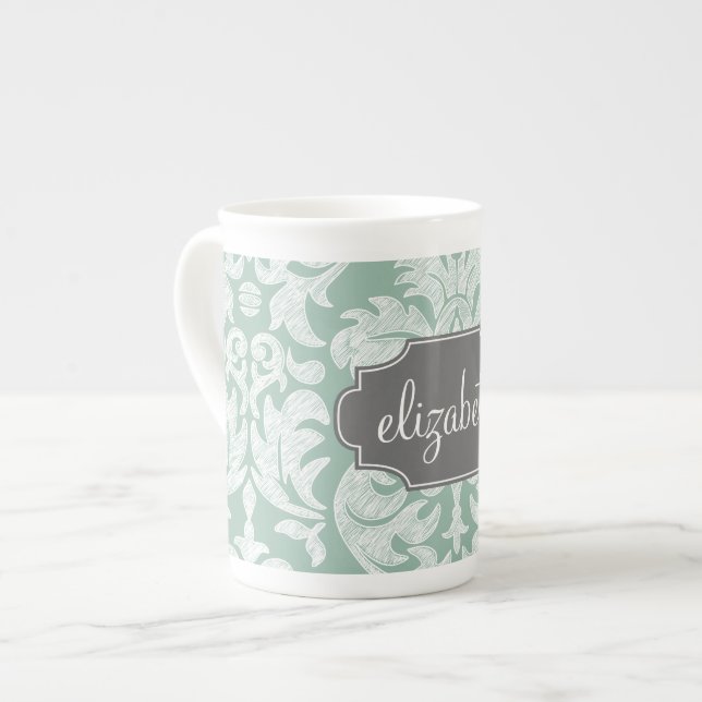 Mint and Gray Damask Pattern Custom Name Bone China Mug (Front Left)