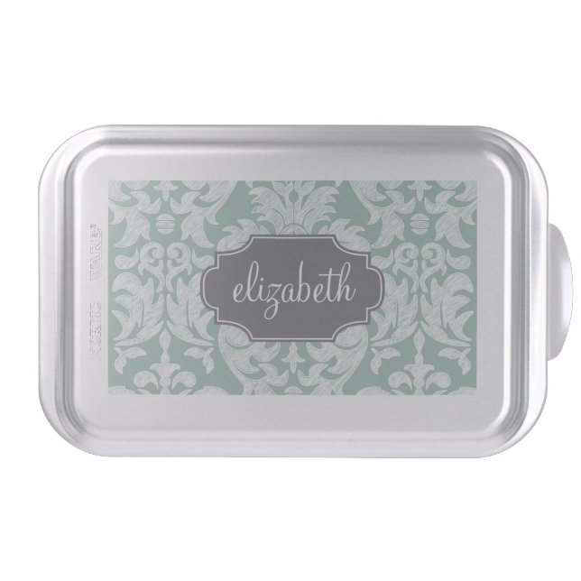 Mint and Gray Damask Pattern Custom Name Cake Pan (Front)