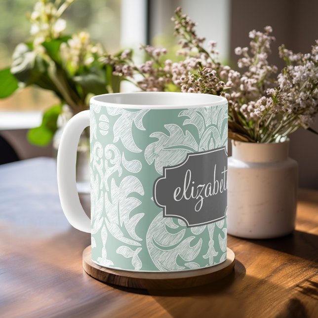 Mint and Gray Damask Pattern Custom Name Coffee Mug (Mug template with Monogram)
