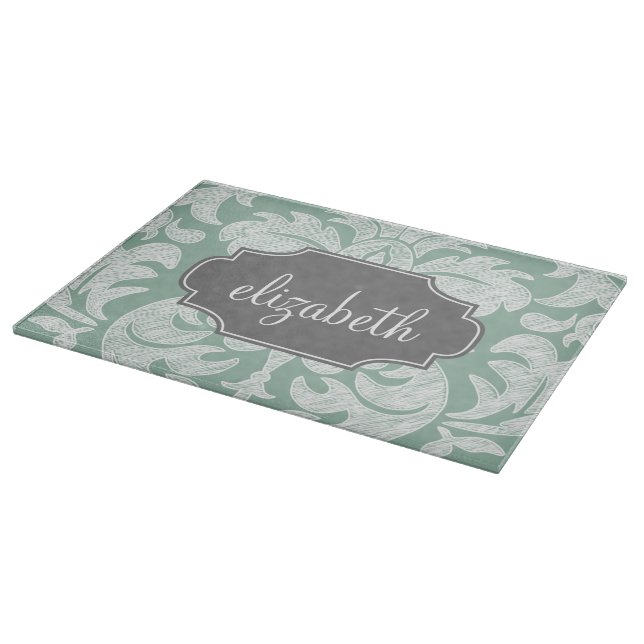 Mint and Gray Damask Pattern Custom Name Cutting Board (Corner)