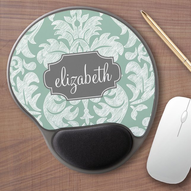 Mint and Gray Damask Pattern Custom Name Gel Mouse Pad (Personalized girly mousepad with shabby chic design and custom name)