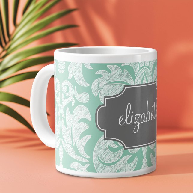 Mint and Gray Damask Pattern Custom Name Giant Coffee Mug (Girly Monogram Mug with A Shabby Chic Lace Design)