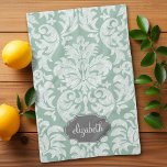 Mint and Gray Damask Pattern Custom Name Kitchen Towel<br><div class="desc">Add your name or monogram to this trendy and feminine floral damasks with popular colors. The damask has a whimsical chalkboard look.</div>