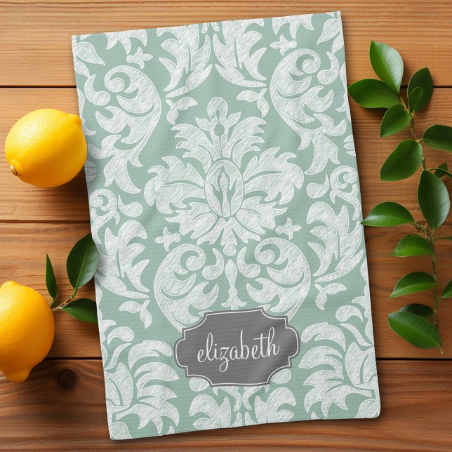 Mint and Gray Damask Pattern Custom Name Kitchen Towel (Custom kitchen towel)