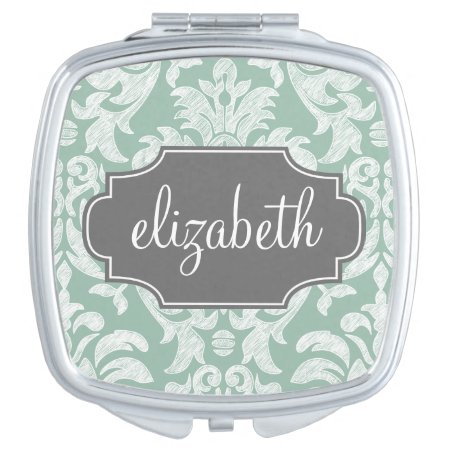 Mint And Gray Damask Pattern Custom Name Mirror For Makeup