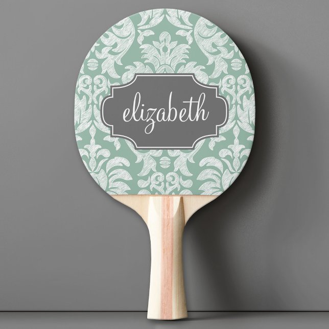 Mint and Gray Damask Pattern Custom Name Ping Pong Paddle (Custom Pink Pong Paddle)