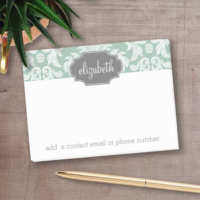 Mint and Gray Damask Pattern Custom Name Post-it Notes (Personalized post-it notes - add your name and other text)
