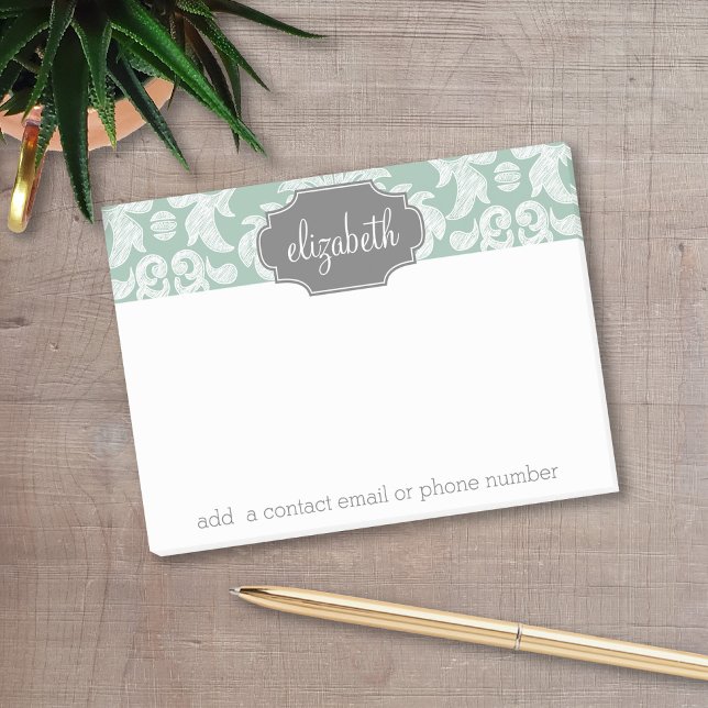 Mint and Gray Damask Pattern Custom Name Post-it Notes (Personalized post-it notes with a monogram and contact information.)