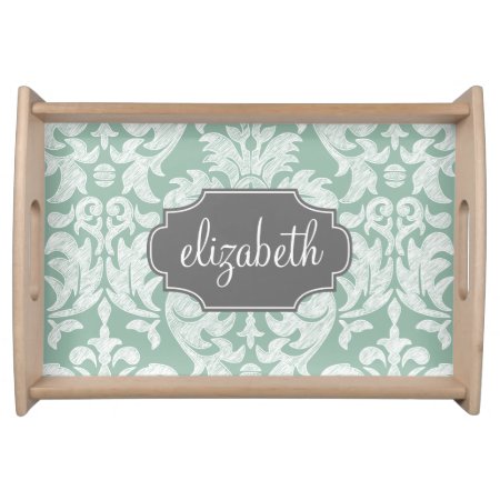 Mint And Gray Damask Pattern Custom Name Serving Tray