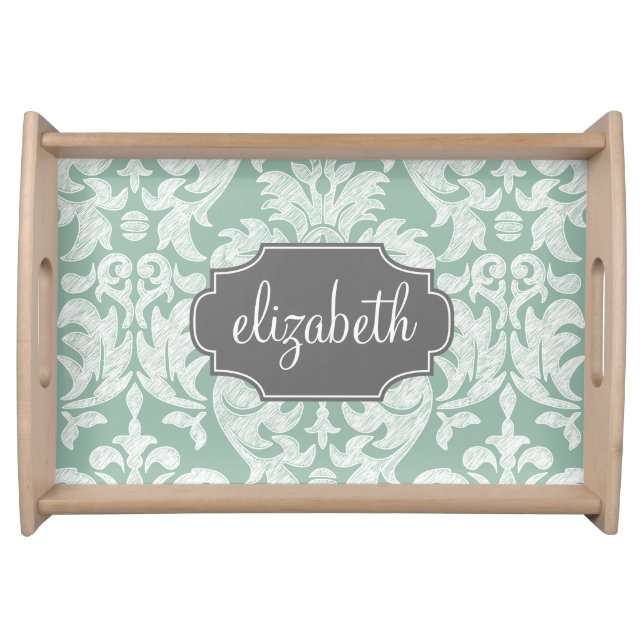 Mint and Gray Damask Pattern Custom Name Serving Tray (Front)