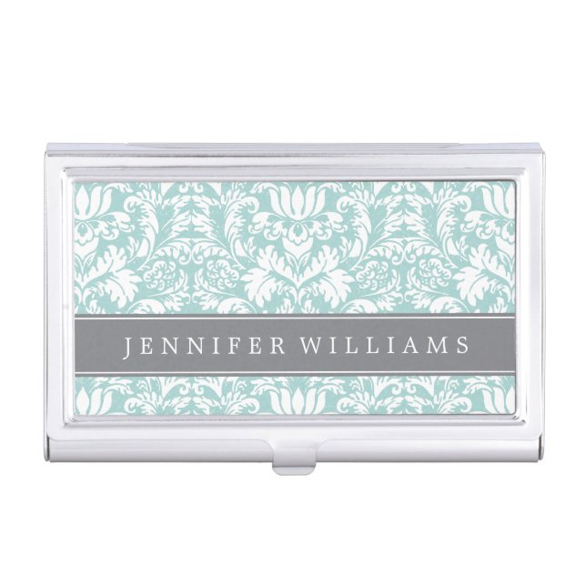 Mint and Gray Elegant Damask Business Card Holder (Front)