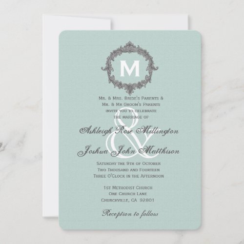 Mint and Gray Frame Monogram Wedding A03 Invitation