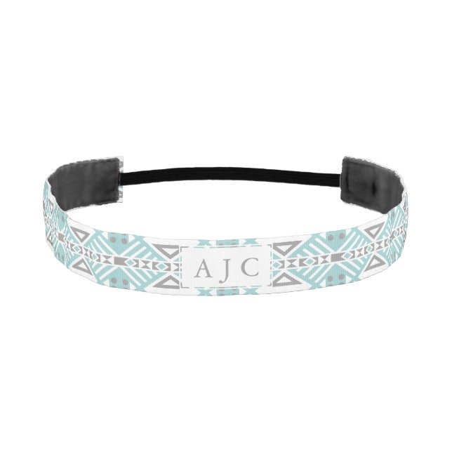Mint and Gray Geometric Tribal Pattern Monogram Athletic Headband (Front)