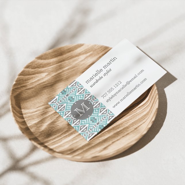 Mint and Gray Geometric Tribal Pattern Monogram Business Card (Creator Uploaded)