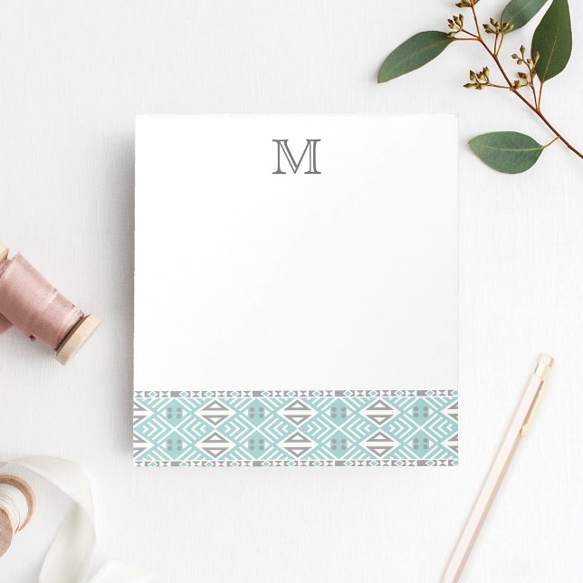 Mint and Gray Geometric Tribal Pattern Monogram Notepad (Creator Uploaded)