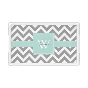 Mint and Gray Monogrammed Chevrons Pattern Acrylic Tray