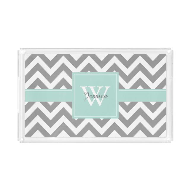 Mint and Gray Monogrammed Chevrons Pattern Acrylic Tray (Front)