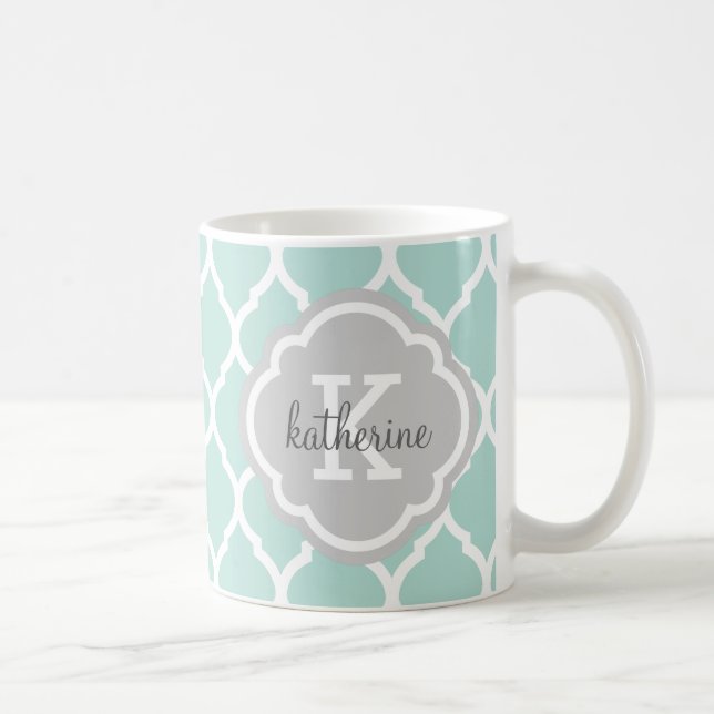Mint and Gray Moroccan Quatrefoil Monogram Coffee Mug (Right)