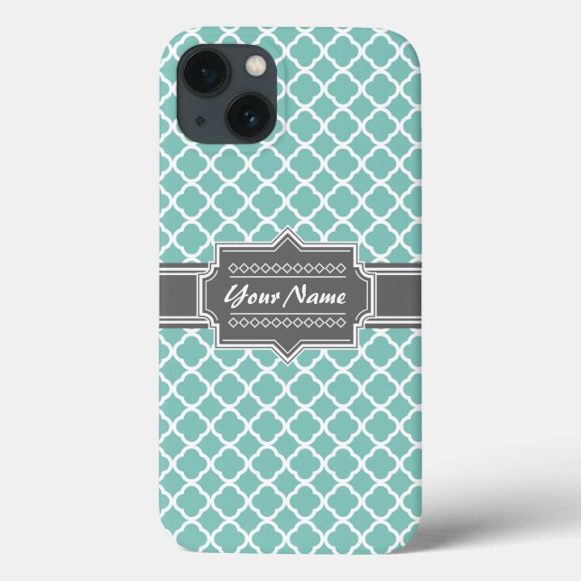 Mint and Gray Moroccan Quatrefoil Personalized N1 Case-Mate iPhone Case (Back)