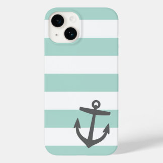 Mint and Gray Nautical Stripes and Anchor Case-Mate iPhone 14 Case