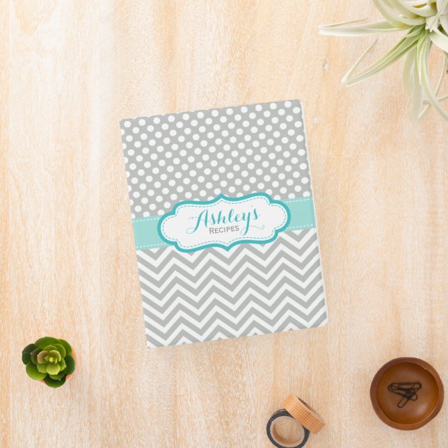 Mint and Gray Polka Dots Chevron Recipe Mini Binder (InSitu)