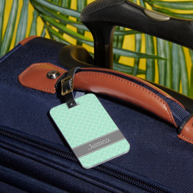 Mint and Gray Quatrefoil Pattern Personalized Luggage Tag (Front Insitu 1)