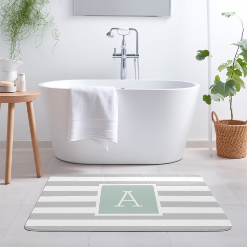 Mint and Gray Stripes Monogram  Editable Colors Bath Mat