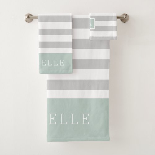 Mint and Gray Stripes Monogram  Editable Colors Bath Towel Set