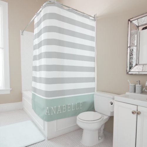 Mint and Gray Stripes Monogram  Editable Colors Shower Curtain