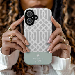 Mint and Gray Trellis Heart Monogram iPhone 16 Case