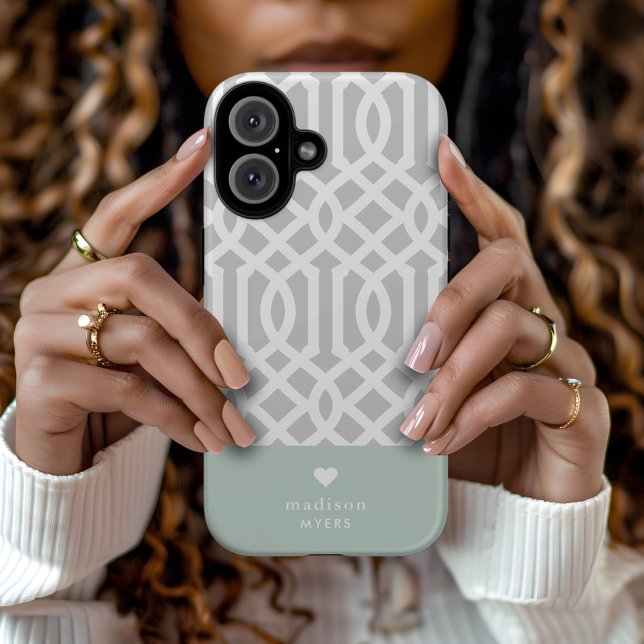 Mint and Gray Trellis Heart Monogram Case-Mate iPhone Case (Creator Uploaded)