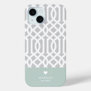 Mint and Gray Trellis Heart Monogram iPhone 15 Case